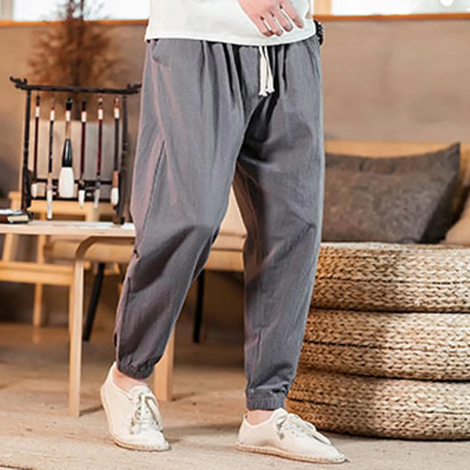 Mens Cotton Linen Beach Pants Elastic Waist Joggers Drawstring Lounge Pants Lightweight Tapered Pants Casual Trousers