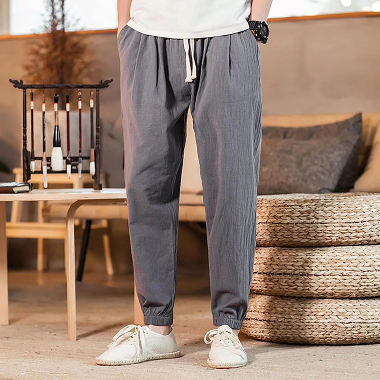 Mens Cotton Linen Beach Pants Elastic Waist Joggers Drawstring Lounge Pants Lightweight Tapered Pants Casual Trousers