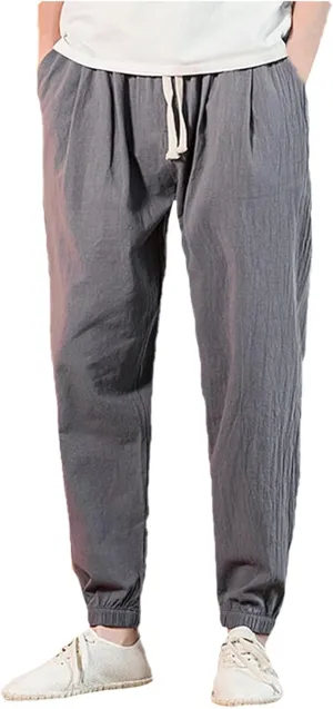 Mens Cotton Linen Beach Pants Elastic Waist Joggers Drawstring Lounge Pants Lightweight Tapered Pants Casual Trousers