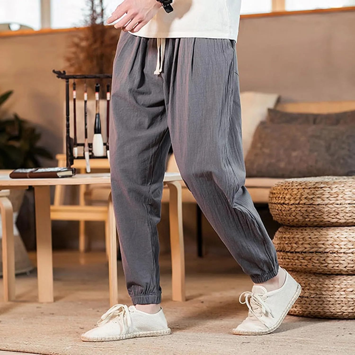 Mens Cotton Linen Beach Pants Elastic Waist Joggers Drawstring Lounge Pants Lightweight Tapered Pants Casual Trousers