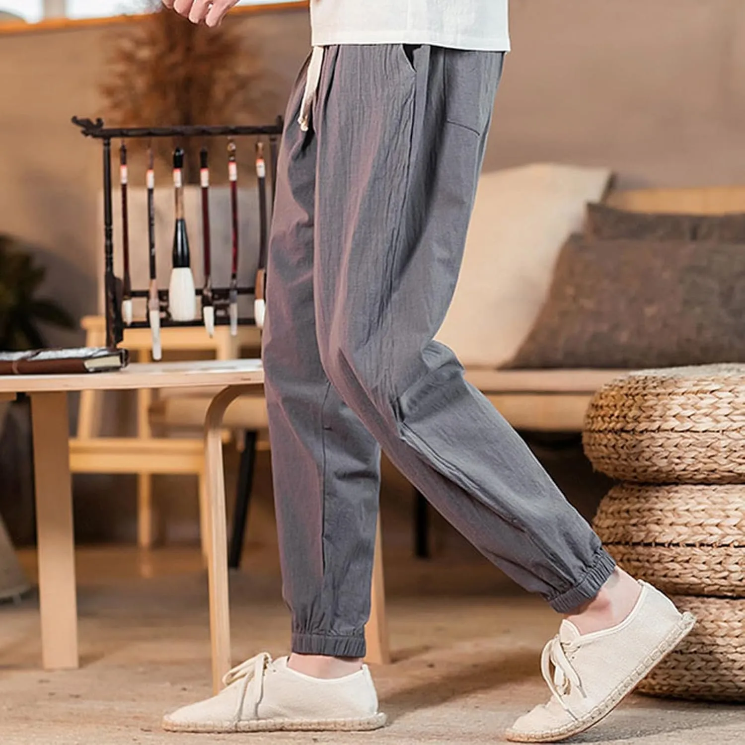 Mens Cotton Linen Beach Pants Elastic Waist Joggers Drawstring Lounge Pants Lightweight Tapered Pants Casual Trousers