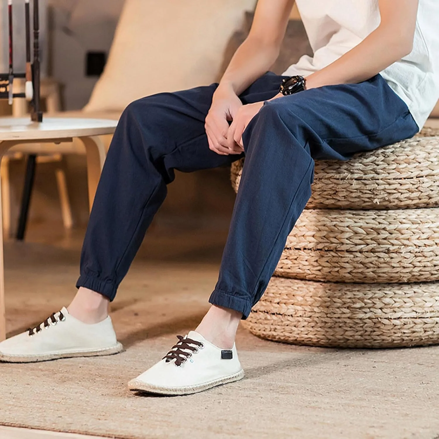 Mens Cotton Linen Beach Pants Elastic Waist Joggers Drawstring Lounge Pants Lightweight Tapered Pants Casual Trousers