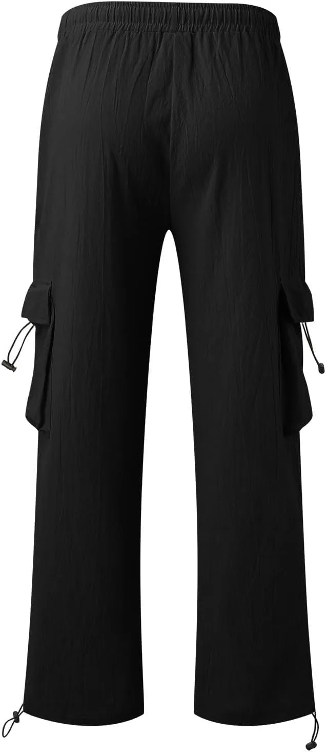 Men's Cotton Linen Cargo Pants Elastic Waist Drawstring Multi-Pockets for Sports Hiking Casual Summer Wear