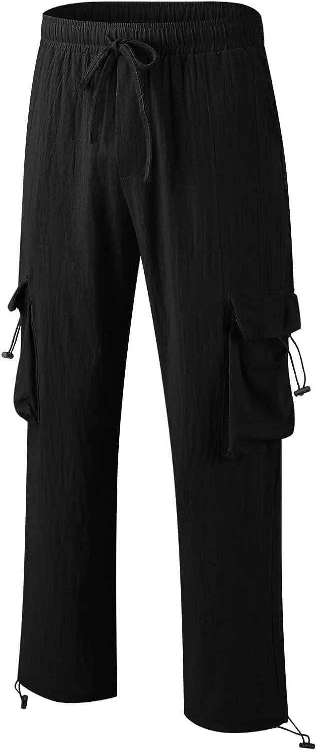 Men's Cotton Linen Cargo Pants Elastic Waist Drawstring Multi-Pockets for Sports Hiking Casual Summer Wear