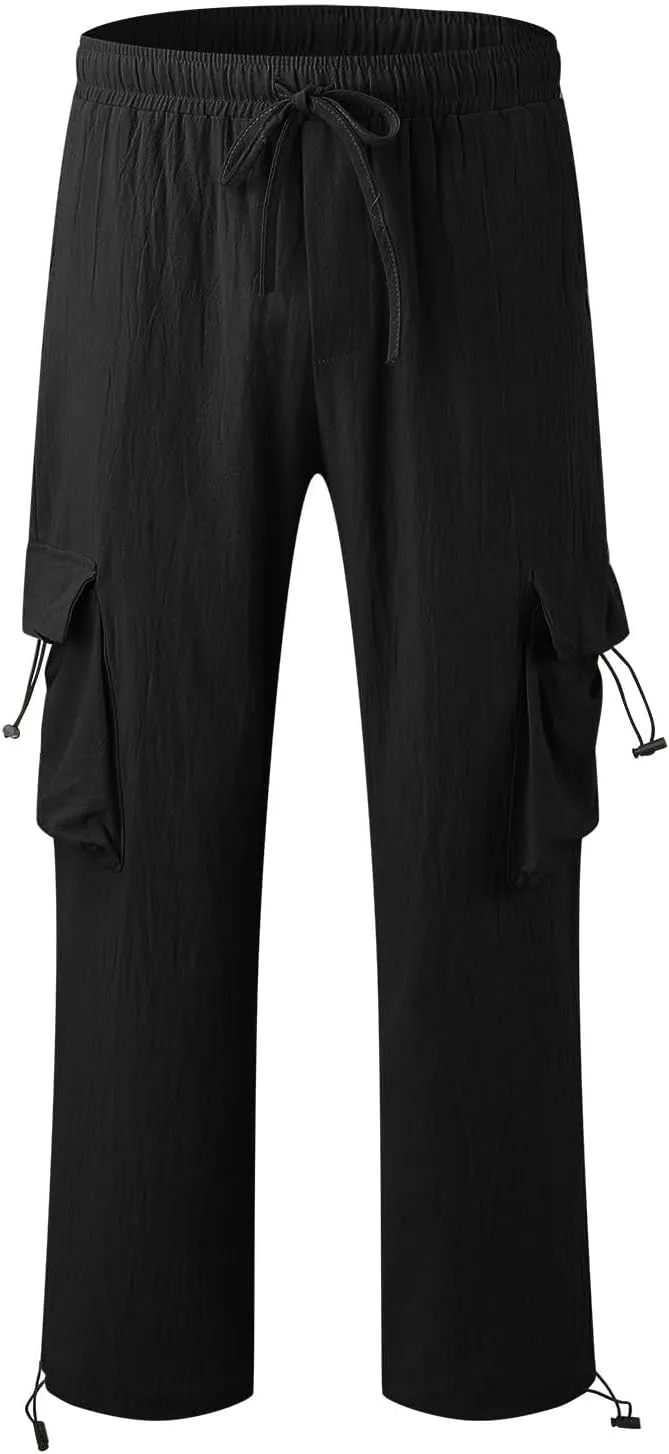 Men's Cotton Linen Cargo Pants Elastic Waist Drawstring Multi-Pockets for Sports Hiking Casual Summer Wear
