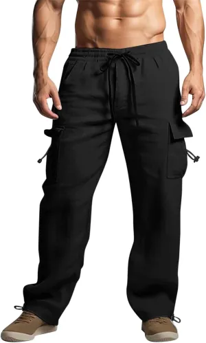 Men's Cotton Linen Cargo Pants Elastic Waist Drawstring Multi-Pockets for Sports Hiking Casual Summer Wear