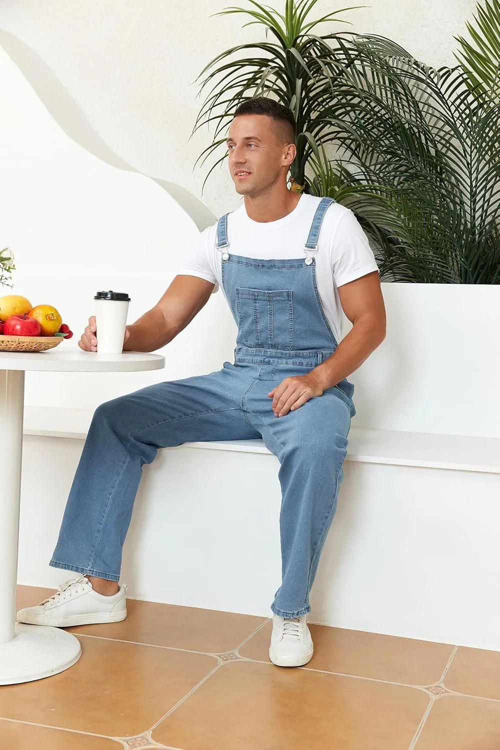 Men's Denim Bib Overalls Slim Fit Stretchy Fashion Jean Jumpsuit with Pockets