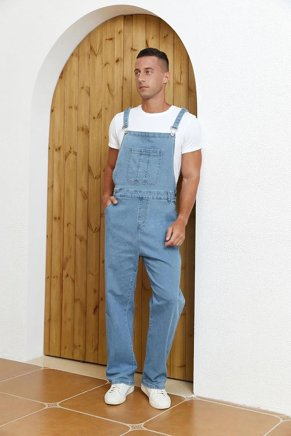 Men's Denim Bib Overalls Slim Fit Stretchy Fashion Jean Jumpsuit with Pockets