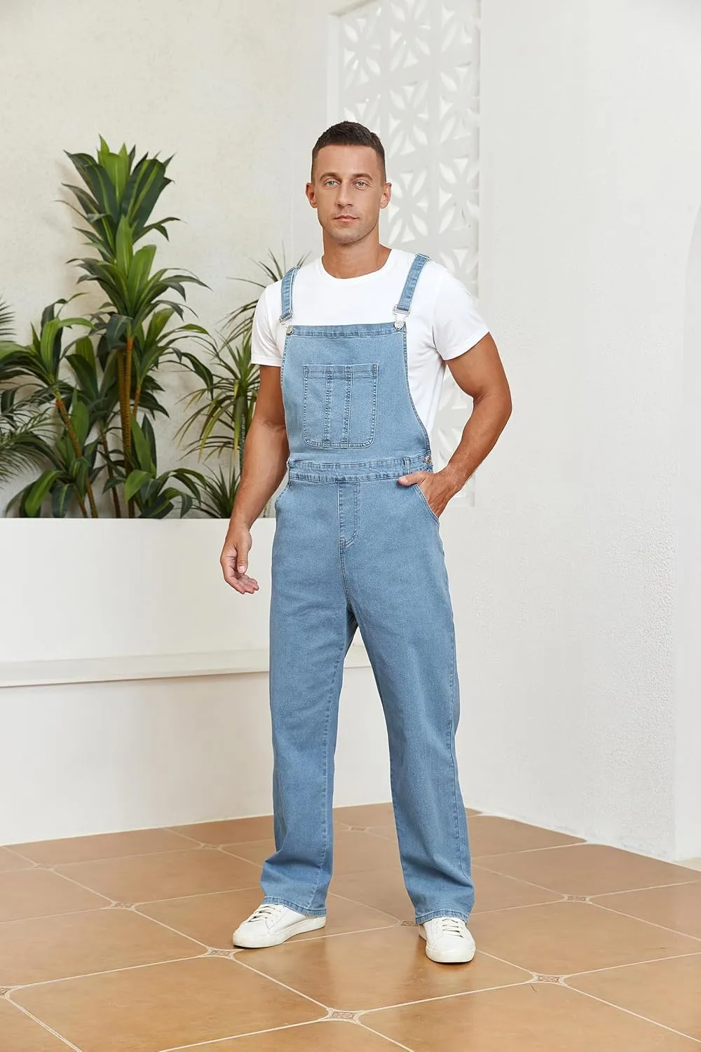 Men's Denim Bib Overalls Slim Fit Stretchy Fashion Jean Jumpsuit with Pockets