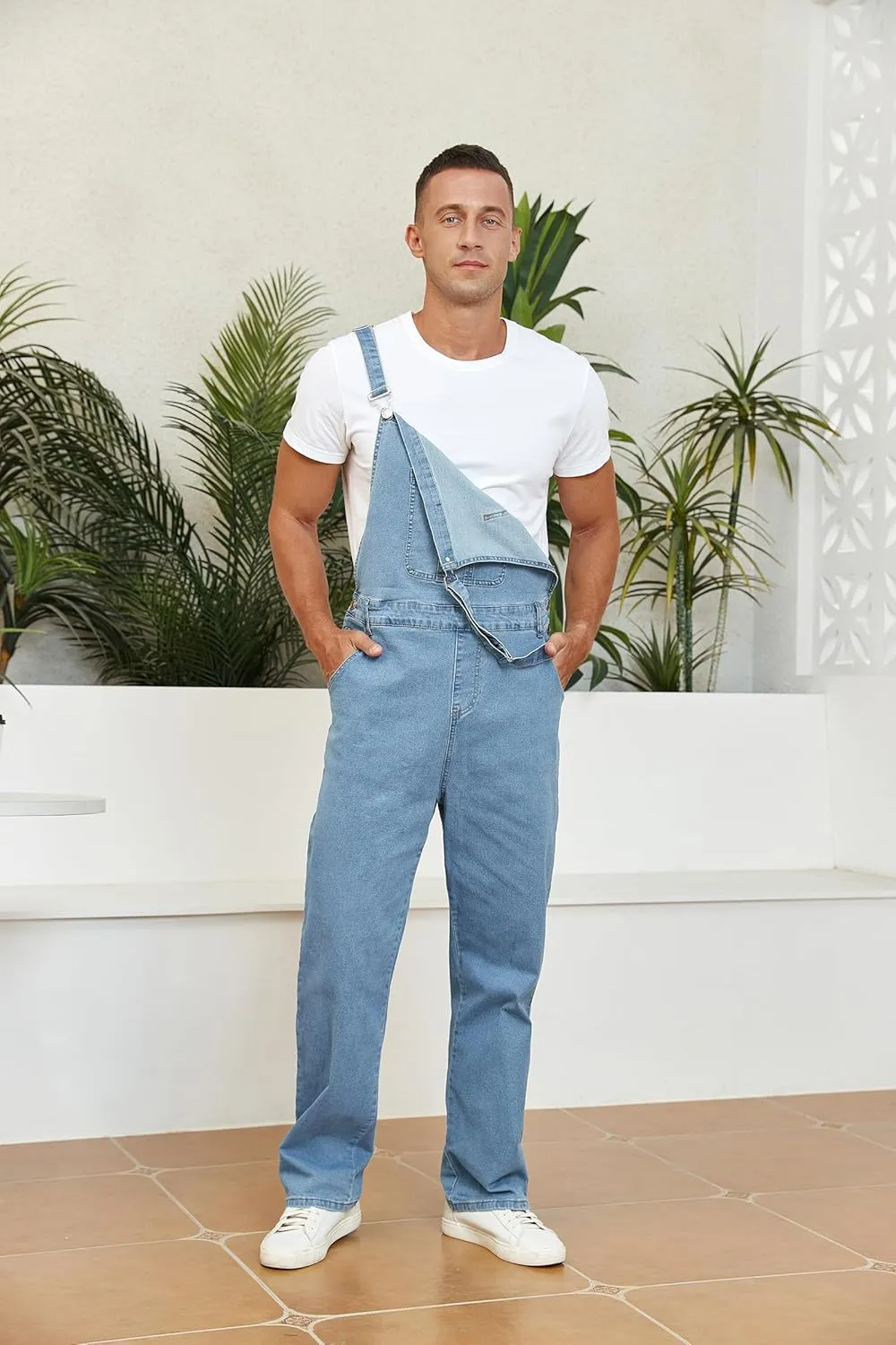 Men's Denim Bib Overalls Slim Fit Stretchy Fashion Jean Jumpsuit with Pockets