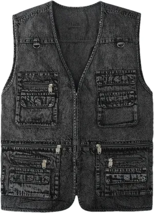 Men's Denim Vest Jacket Sleeveless Cyclist Multi-Pocket Zipper Vest