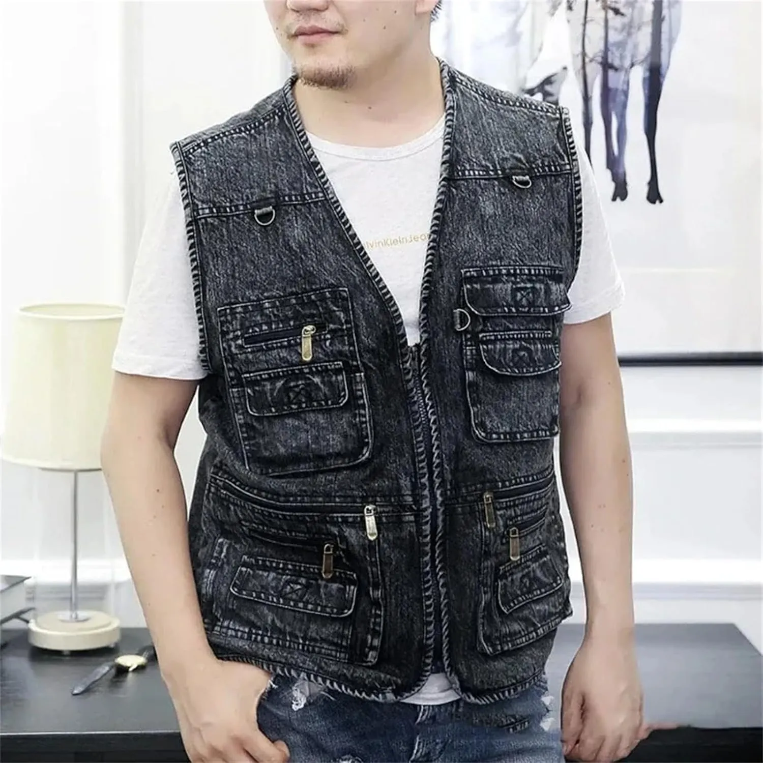 Men's Denim Vest Jacket Sleeveless Cyclist Multi-Pocket Zipper Vest