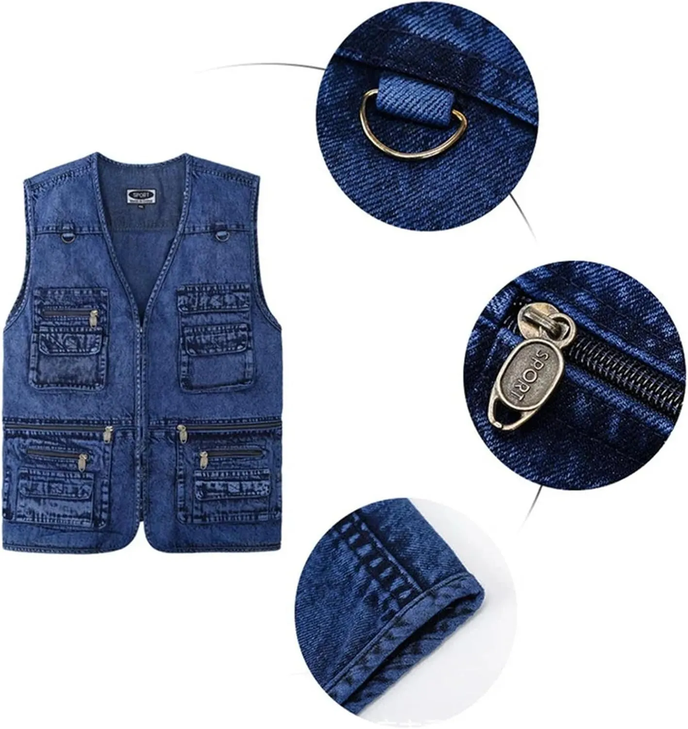 Men's Denim Vest Jacket Sleeveless Cyclist Multi-Pocket Zipper Vest
