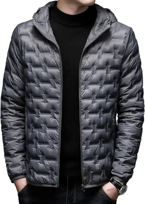 Men's Diamond Quilted Hooded Puffer Down Jacket Lightweight Packable Puffy Waterproof Winter Business Travel Coat