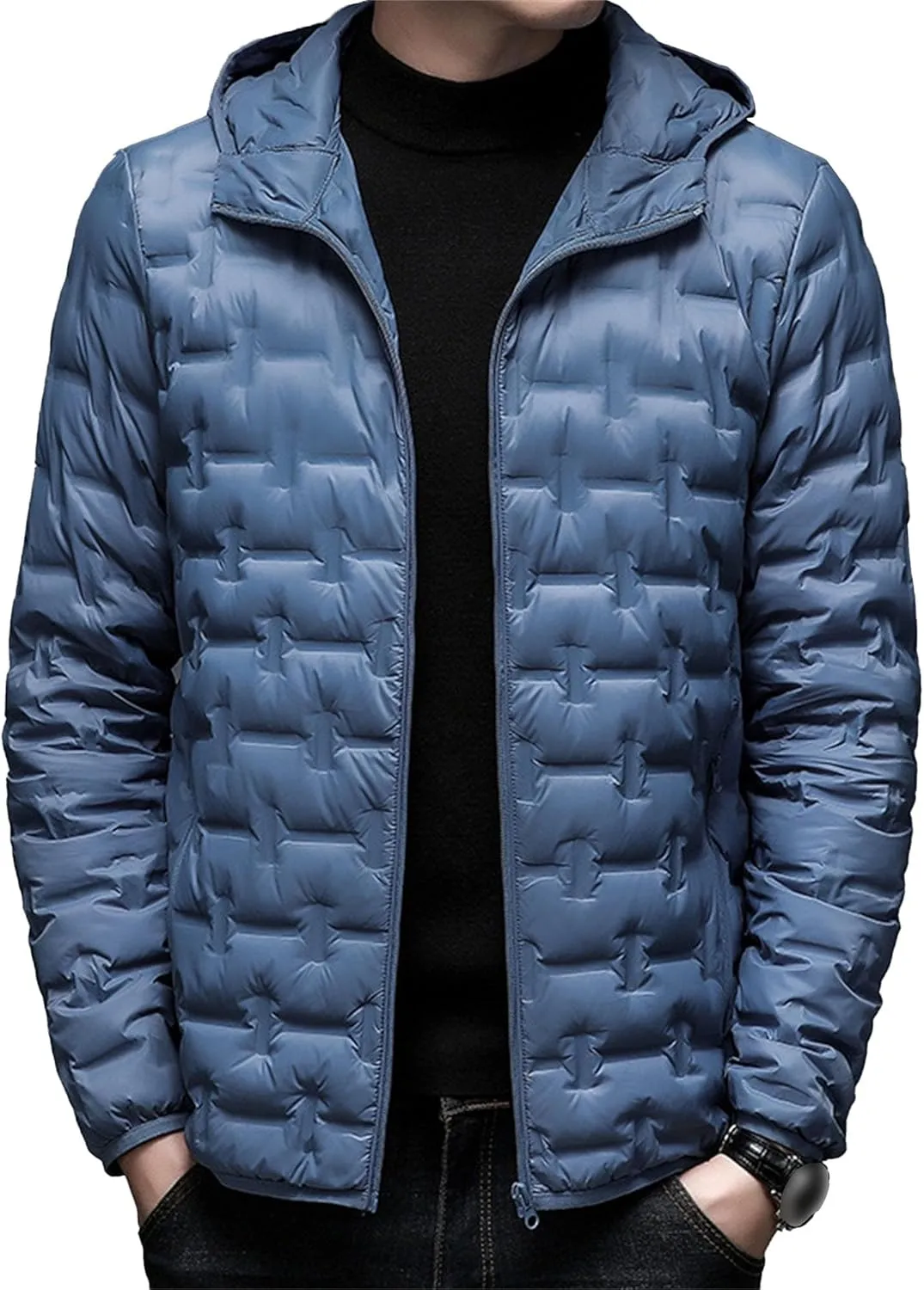 Men's Diamond Quilted Hooded Puffer Down Jacket Lightweight Packable Puffy Waterproof Winter Business Travel Coat
