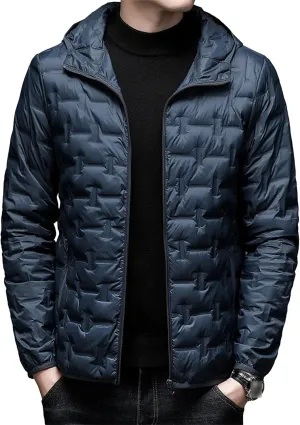 Men's Diamond Quilted Hooded Puffer Down Jacket Lightweight Packable Puffy Waterproof Winter Business Travel Coat