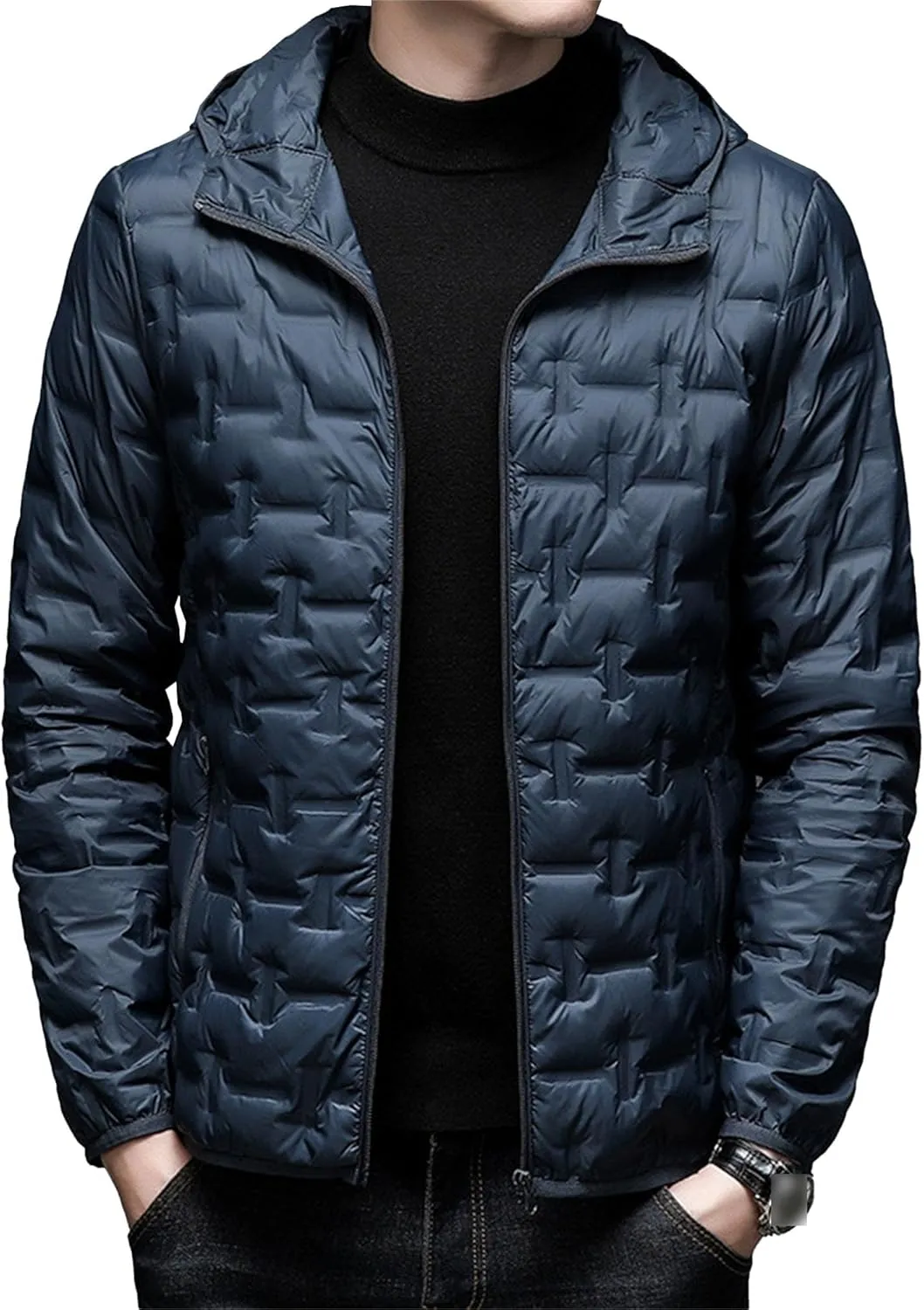 Men's Diamond Quilted Hooded Puffer Down Jacket Lightweight Packable Puffy Waterproof Winter Business Travel Coat