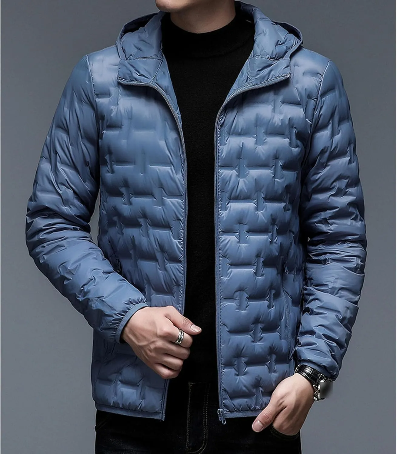 Men's Diamond Quilted Hooded Puffer Down Jacket Lightweight Packable Puffy Waterproof Winter Business Travel Coat