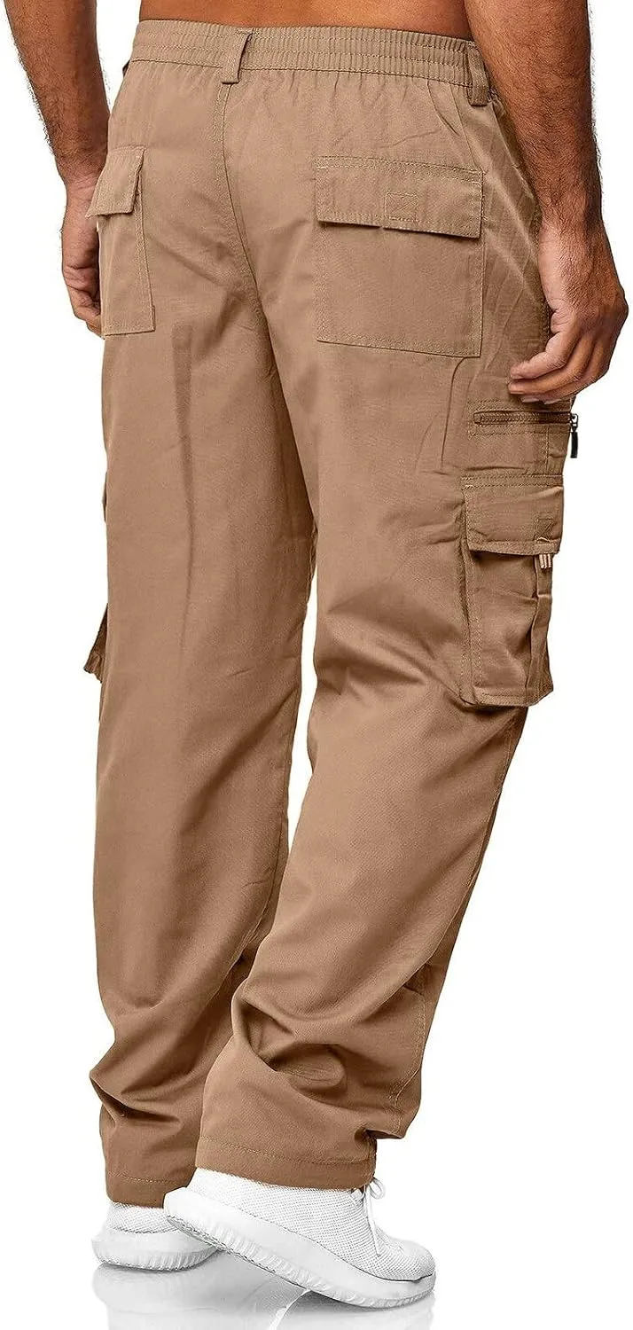 Men's Elastic Waist Cargo Pants,Casual Loose Fit Lightweight Hiking Workwear Straight Pull On Pant with Multi-Pocket