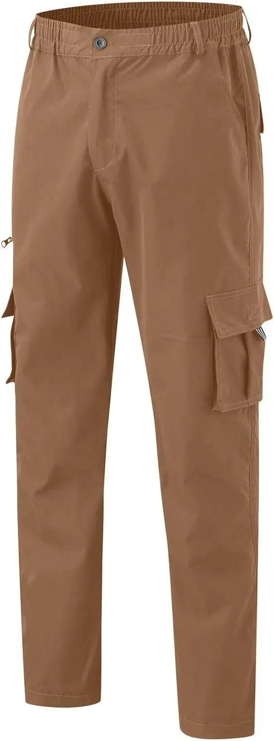 Men's Elastic Waist Cargo Pants,Casual Loose Fit Lightweight Hiking Workwear Straight Pull On Pant with Multi-Pocket