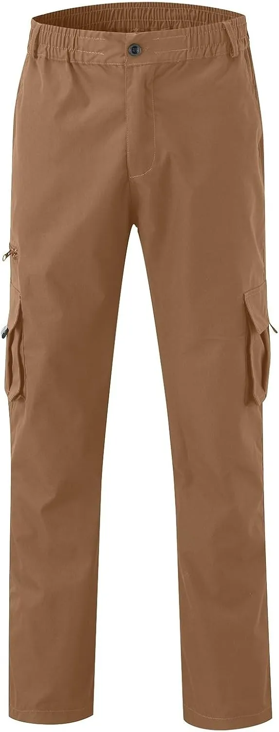 Men's Elastic Waist Cargo Pants,Casual Loose Fit Lightweight Hiking Workwear Straight Pull On Pant with Multi-Pocket