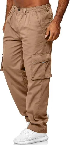 Men's Elastic Waist Cargo Pants,Casual Loose Fit Lightweight Hiking Workwear Straight Pull On Pant with Multi-Pocket
