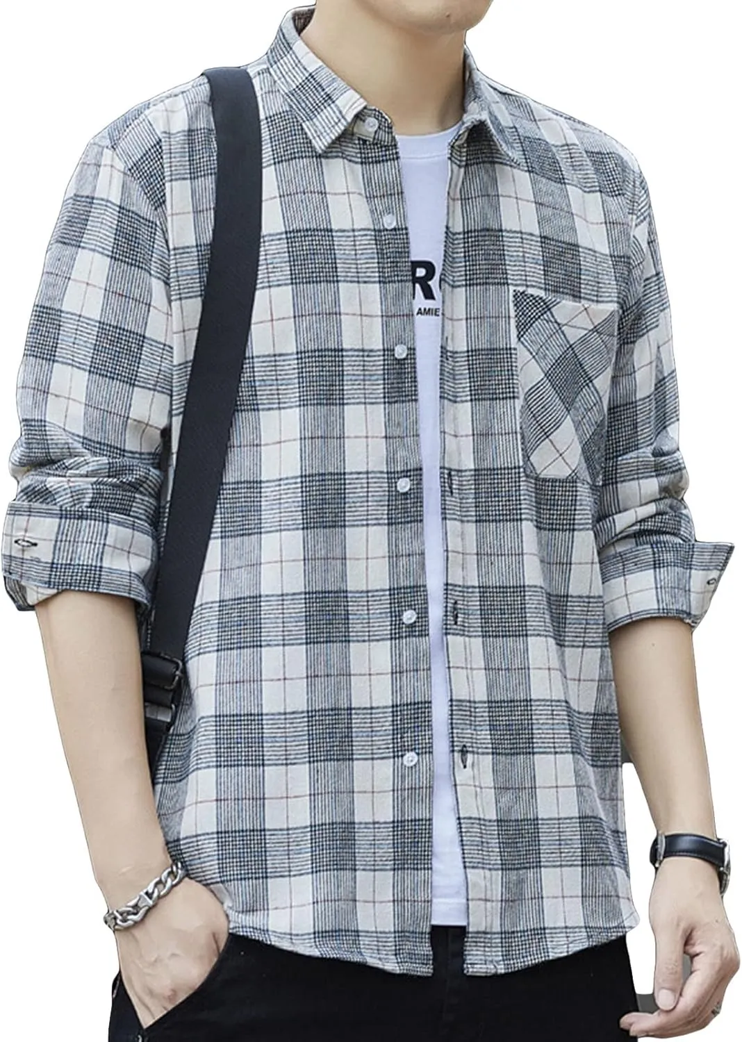 Men's Fashion Casual Striped Shirt Long Sleeve Plaid Button Down Shirts Flannel Business Plaid Work Shirts