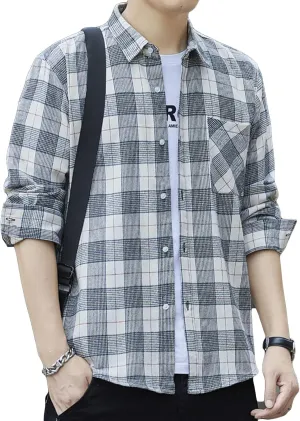 Men's Fashion Casual Striped Shirt Long Sleeve Plaid Button Down Shirts Flannel Business Plaid Work Shirts