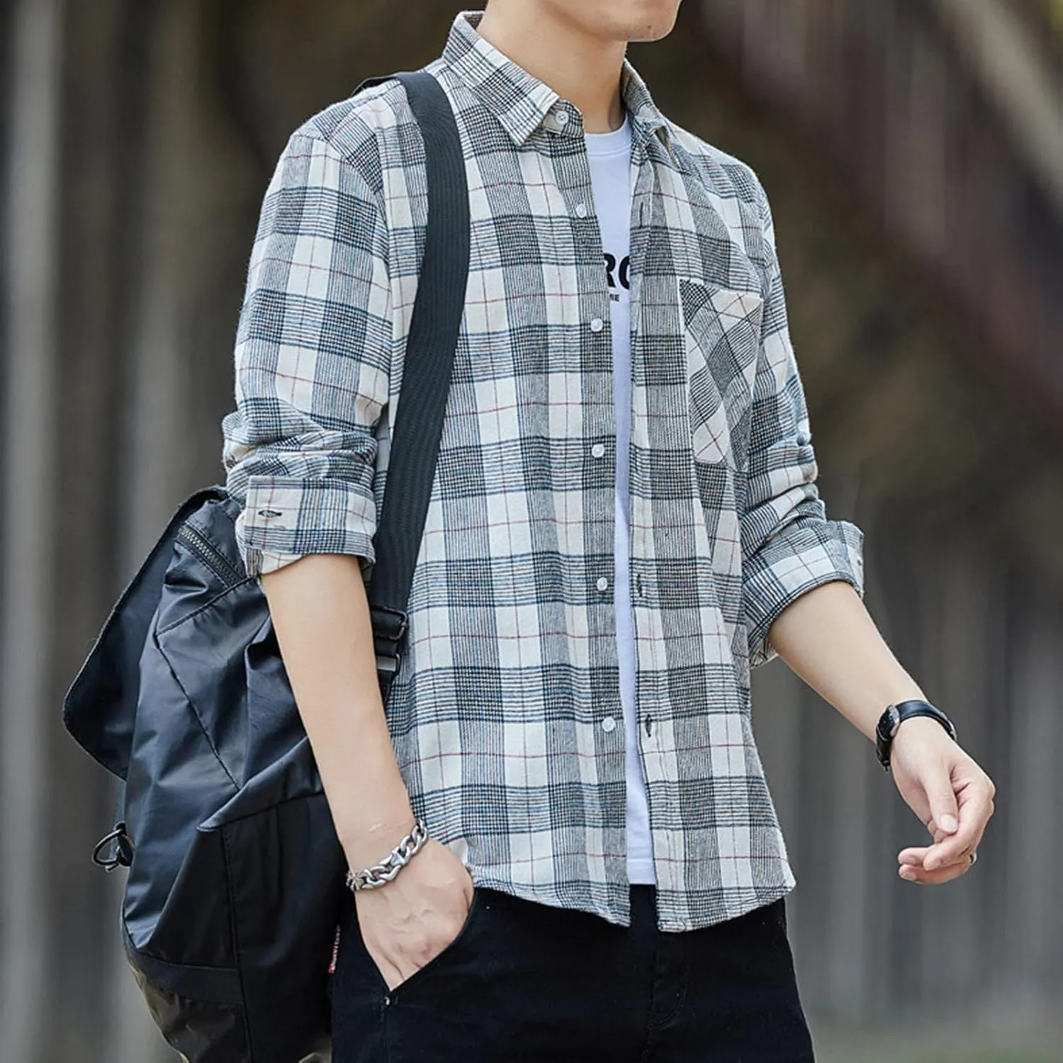 Men's Fashion Casual Striped Shirt Long Sleeve Plaid Button Down Shirts Flannel Business Plaid Work Shirts