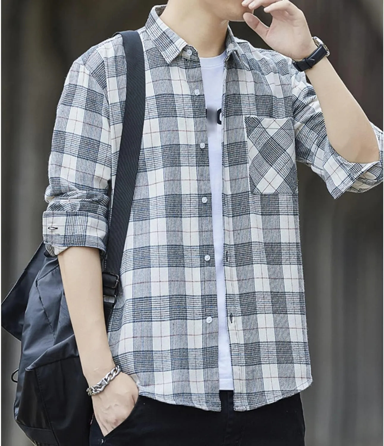 Men's Fashion Casual Striped Shirt Long Sleeve Plaid Button Down Shirts Flannel Business Plaid Work Shirts