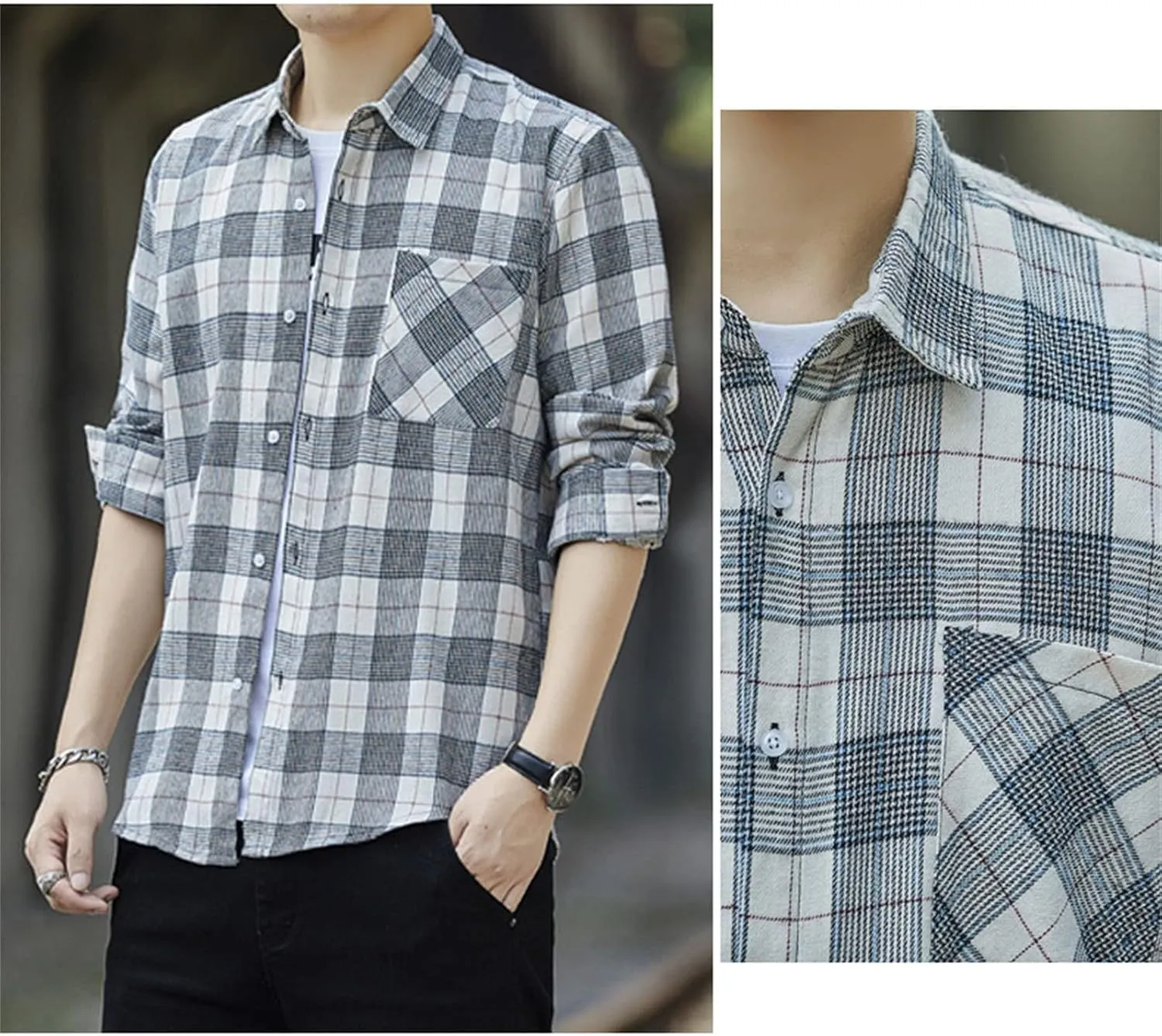 Men's Fashion Casual Striped Shirt Long Sleeve Plaid Button Down Shirts Flannel Business Plaid Work Shirts