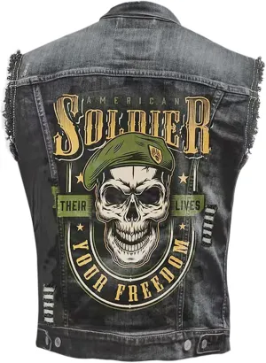 Men's Fashion Military Skull Print Denim Vest Retro Biker Style Jacket