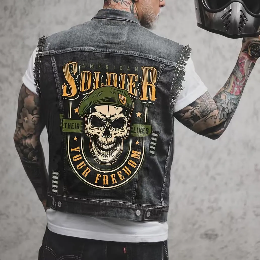 Men's Fashion Military Skull Print Denim Vest Retro Biker Style Jacket