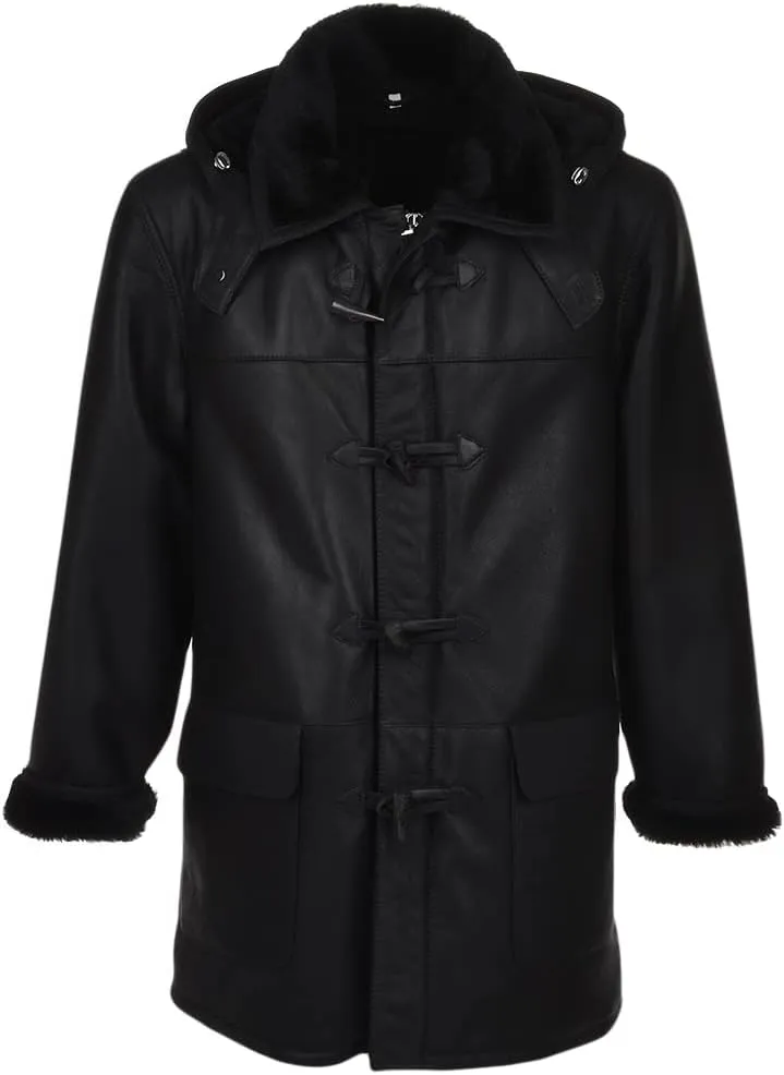 Mens Genuine Sheepskin Leather Detachable Shearling Hood Winter Warm Duffle Trench Coat Jacket (Real Shearling, 3x LARGE, BLACK)
