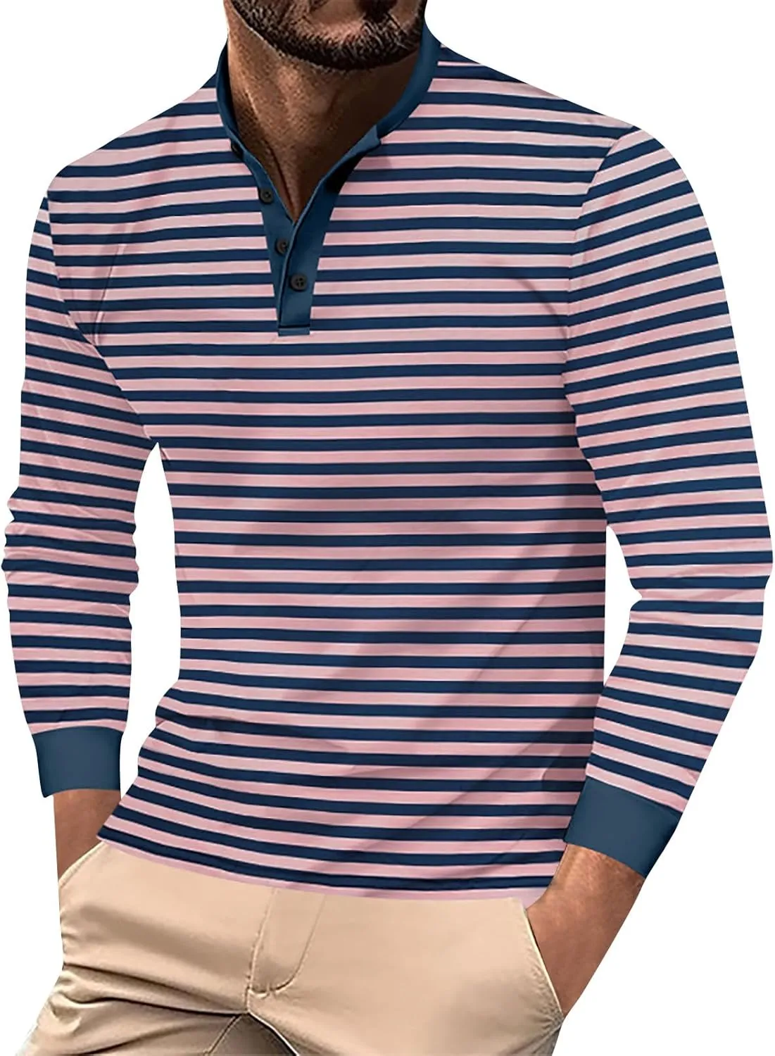 Mens Golf Shirt Colorful Striped Long Sleeve Henley T-Shirts V Neck Casual Lightweight Breathable Polo Shirt