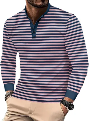 Mens Golf Shirt Colorful Striped Long Sleeve Henley T-Shirts V Neck Casual Lightweight Breathable Polo Shirt