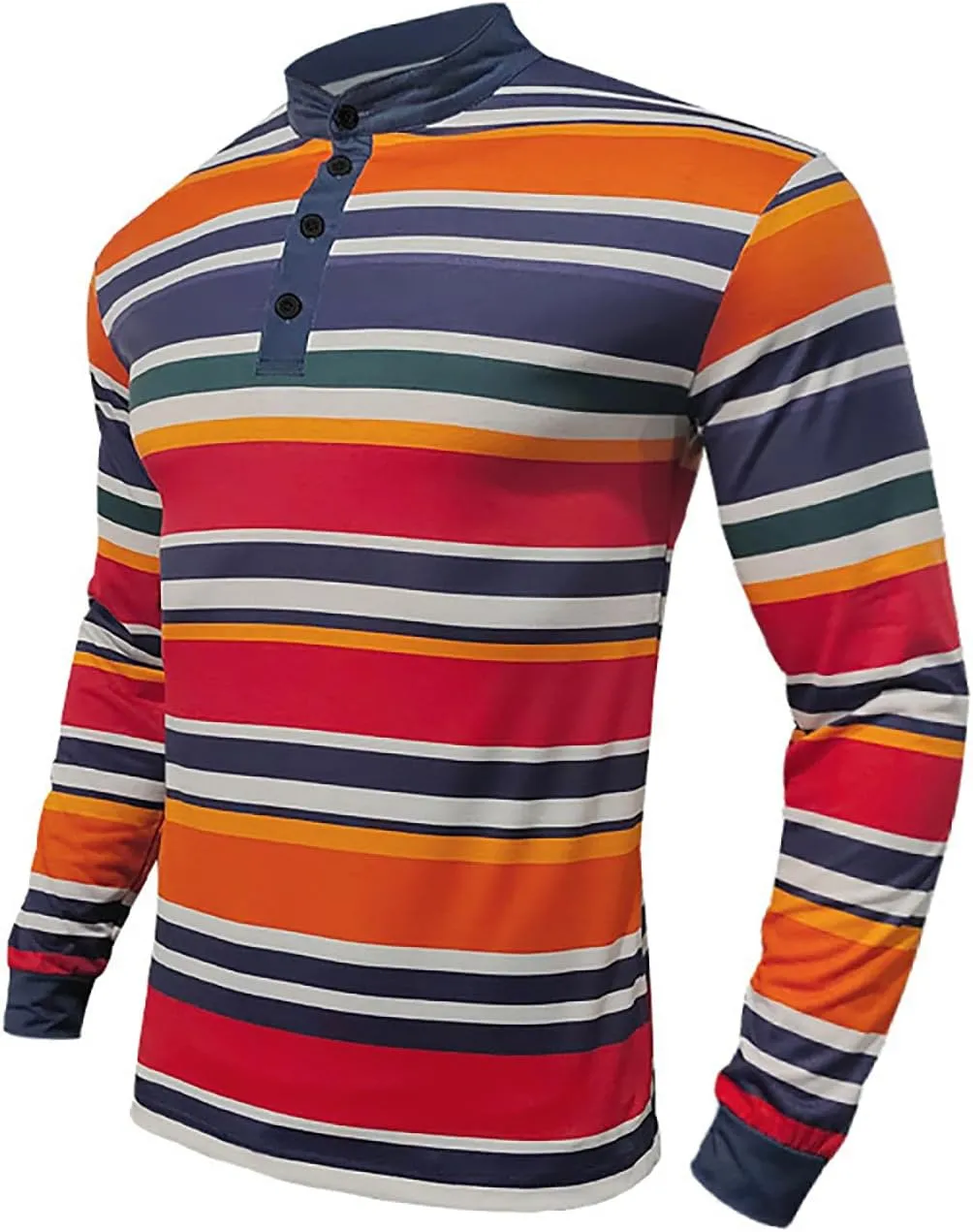 Mens Golf Shirt Colorful Striped Long Sleeve Henley T-Shirts V Neck Casual Lightweight Breathable Polo Shirt