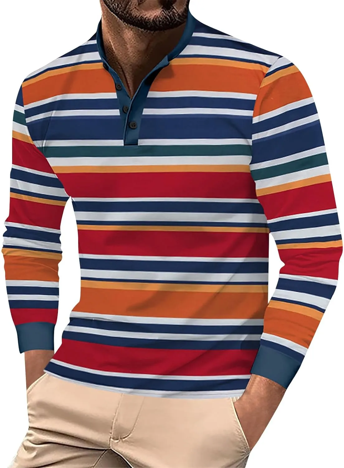 Mens Golf Shirt Colorful Striped Long Sleeve Henley T-Shirts V Neck Casual Lightweight Breathable Polo Shirt
