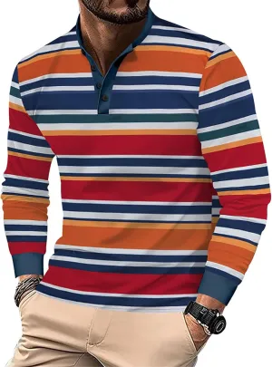Mens Golf Shirt Colorful Striped Long Sleeve Henley T-Shirts V Neck Casual Lightweight Breathable Polo Shirt