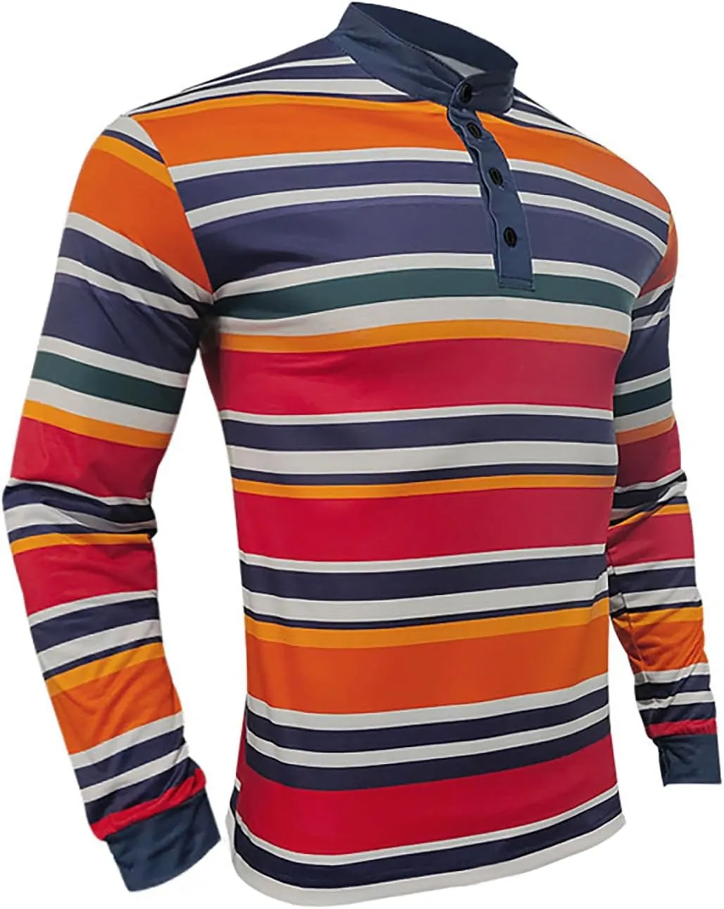 Mens Golf Shirt Colorful Striped Long Sleeve Henley T-Shirts V Neck Casual Lightweight Breathable Polo Shirt