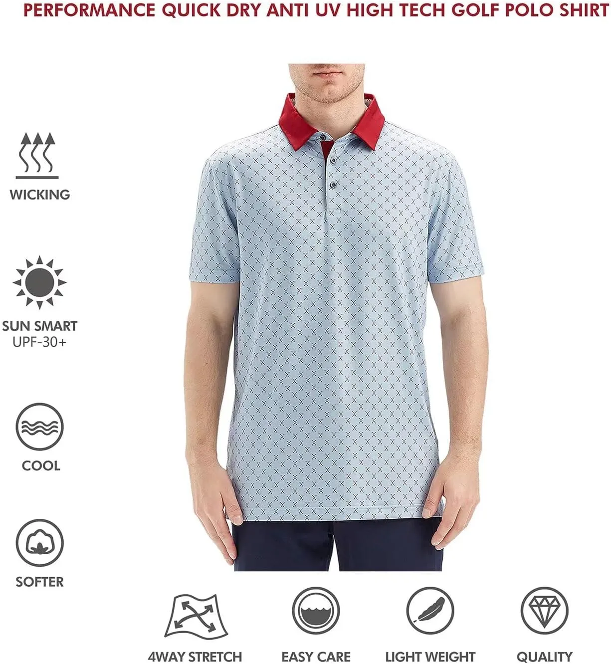 Mens Golf Shirts Short Sleeve Moisture Wicking Dry Fit Print Performance Athletic Casual Golf Polo Shirts for Men