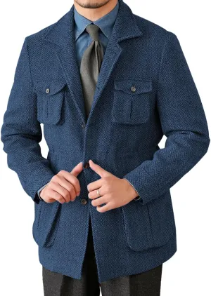 Men's Herringbone Tweed Blazer Vintage Sport Coats Three Button Wool Blend Formal Coat with Four Pockets