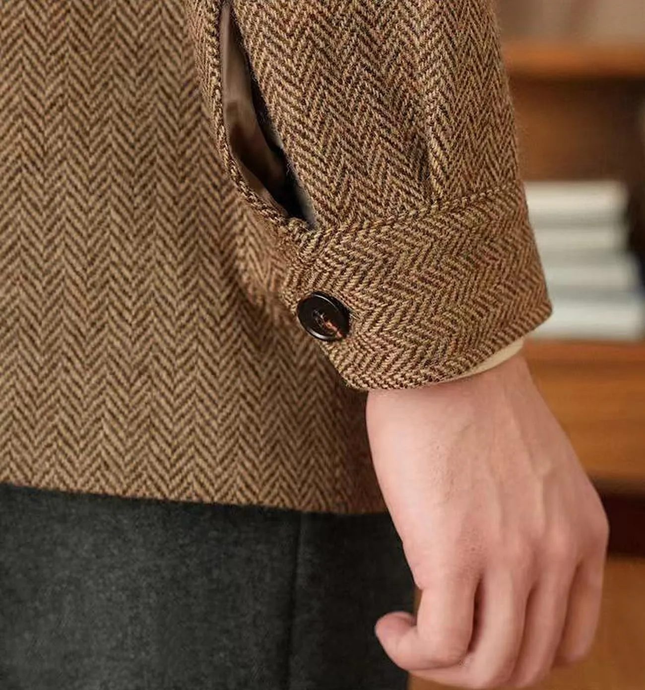 Men's Herringbone Tweed Blazer Vintage Sport Coats Three Button Wool Blend Formal Coat with Four Pockets