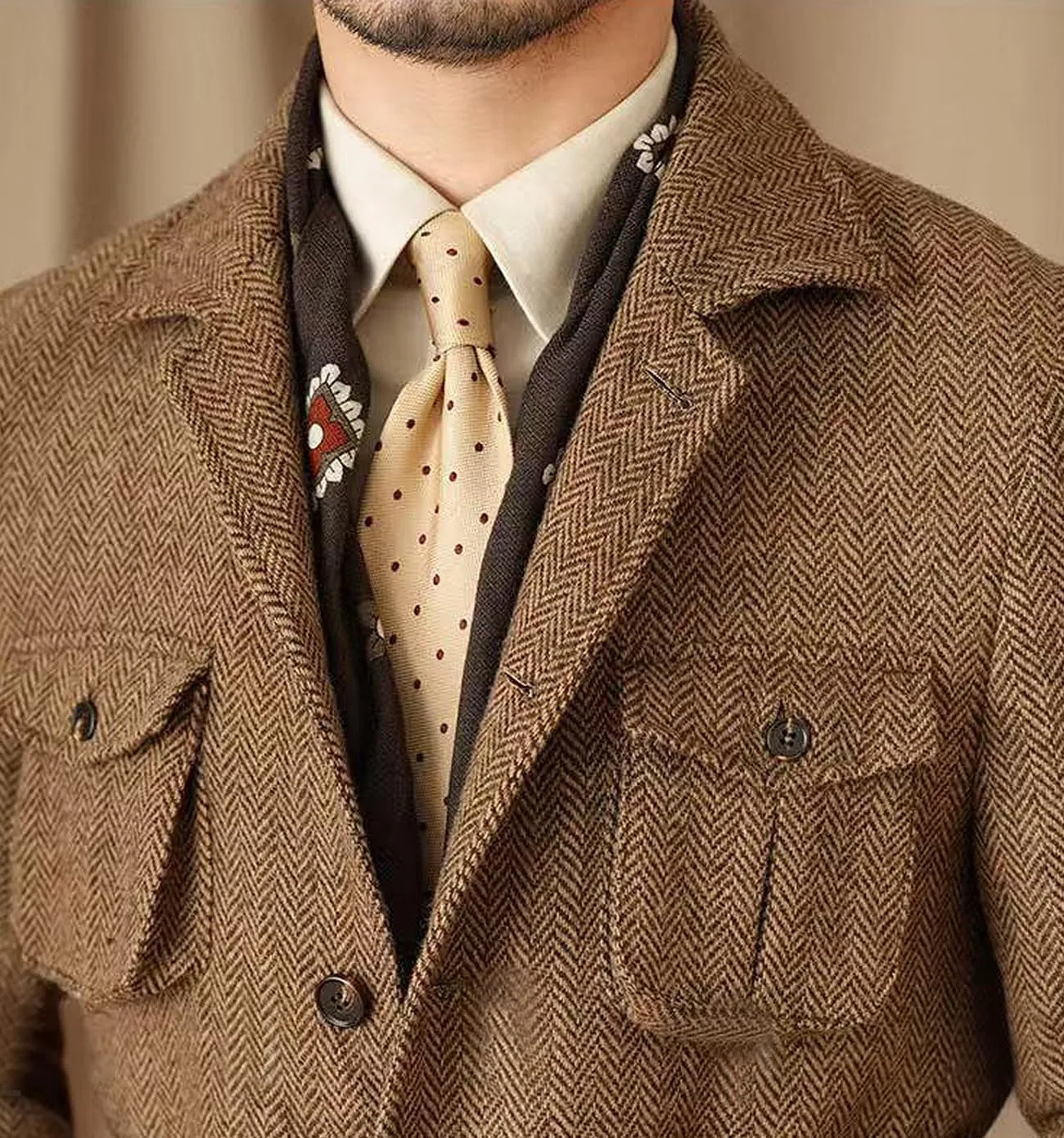 Men's Herringbone Tweed Blazer Vintage Sport Coats Three Button Wool Blend Formal Coat with Four Pockets