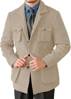 Men's Herringbone Tweed Blazer Vintage Sport Coats Three Button Wool Blend Formal Coat with Four Pockets