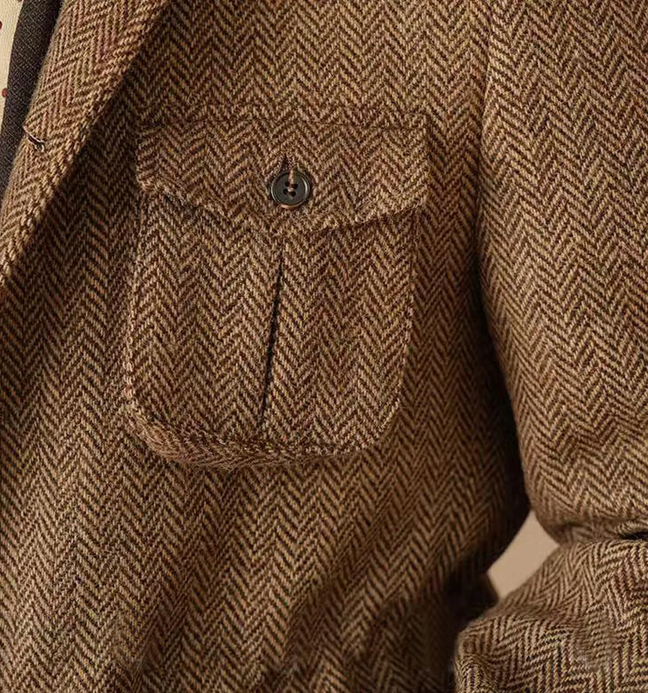 Men's Herringbone Tweed Blazer Vintage Sport Coats Three Button Wool Blend Formal Coat with Four Pockets
