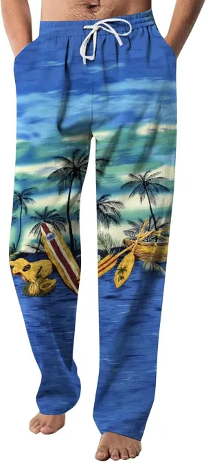 Mens Hippie Linen Harem Pants Drawstring All Over Printed Hawaiian Yoga Pants Casual Straight Leg Beach Boho Trousers