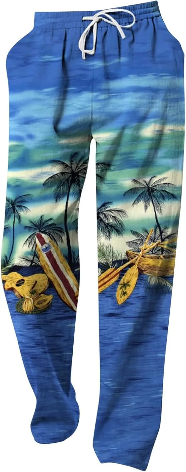 Mens Hippie Linen Harem Pants Drawstring All Over Printed Hawaiian Yoga Pants Casual Straight Leg Beach Boho Trousers