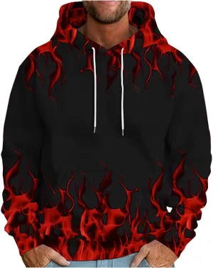 Mens Hoodies Plus Size Drawstring Casual Sweatshirts Trendy Flame Print Pullover Long Sleeve Crewneck Sweatshirts