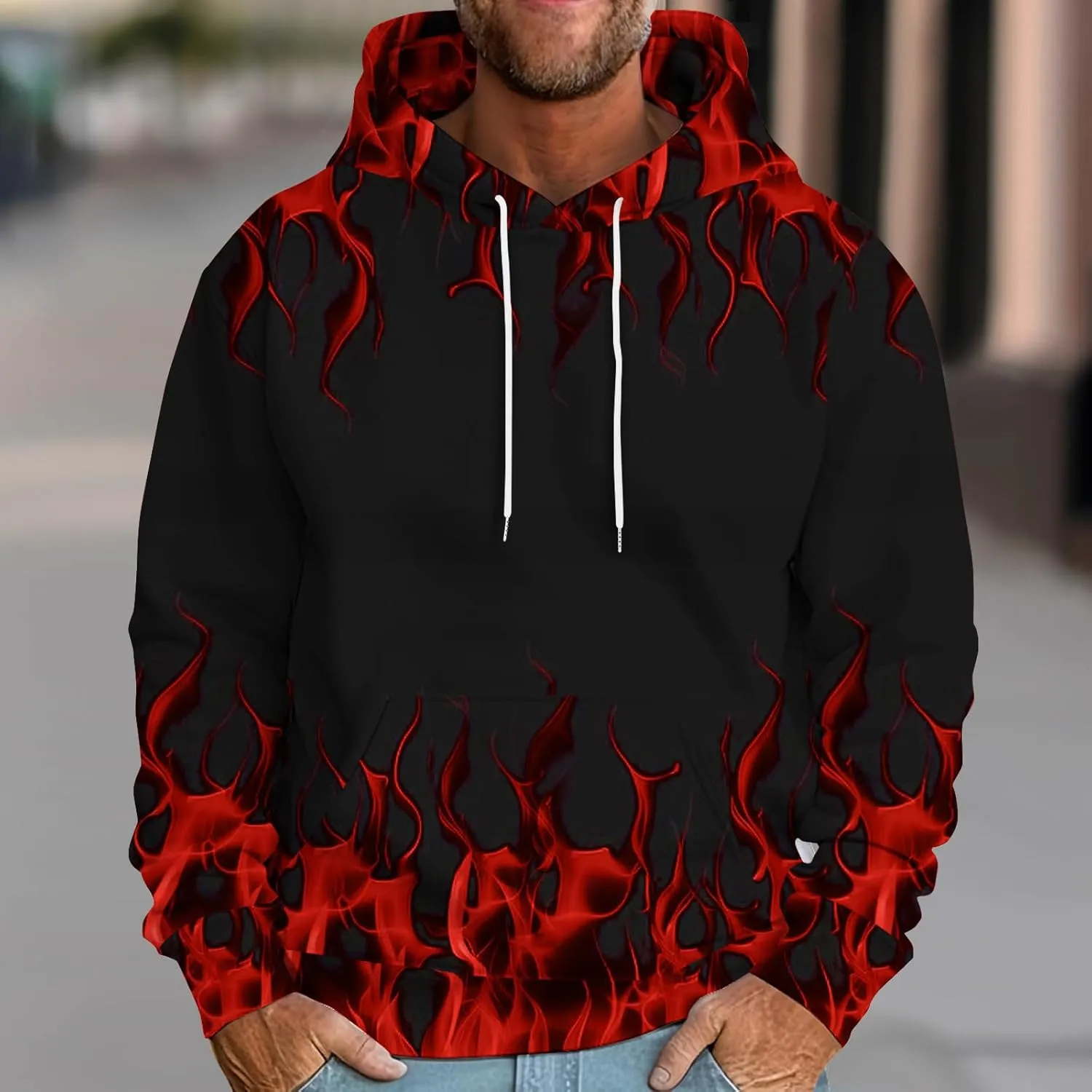 Mens Hoodies Plus Size Drawstring Casual Sweatshirts Trendy Flame Print Pullover Long Sleeve Crewneck Sweatshirts